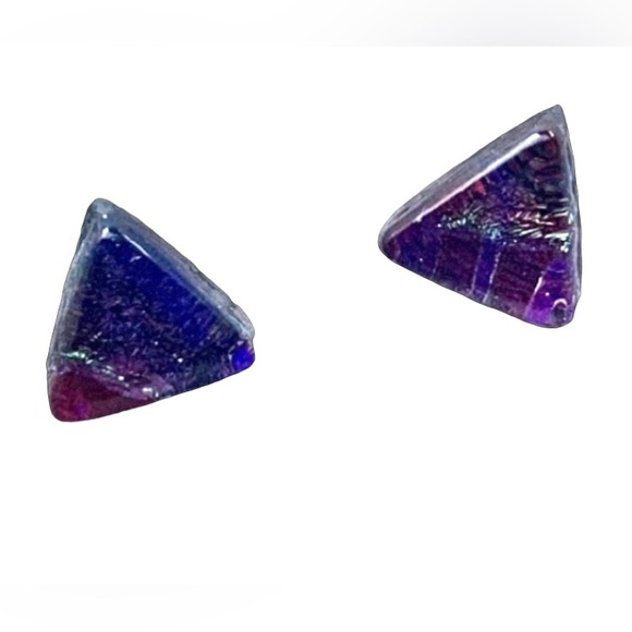 Dichroic Glass Cobalt Blue, Purple & Red Woman’s Jewelry Triangle Earrings - Picture 1 of 5
